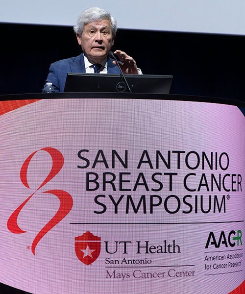 San Antonio, TX - SABCS 2024 San Antonio Breast Cancer Symposium  @ SABCS Carlos Arteaga, MD, during Opening remarks here today, Wednesday December 11, 2024. during the San Antonio Breast Cancer Symposium being held at the Henry B. Gonzalez Convention Center in San Antonio, TX. The symposium features physicians, researchers, patient advocates and healthcare professionals from over 90 countries with the latest research on breast cancer treatment and prevention. Photo by © MedMeetingImages/Todd Buchanan 2024 Technical Questions: todd@medmeetingimages.com